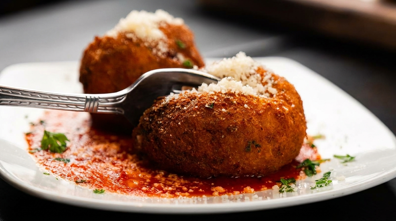 Two golden-brown arancini balls with grated cheese and tomato sauce on a white plate.