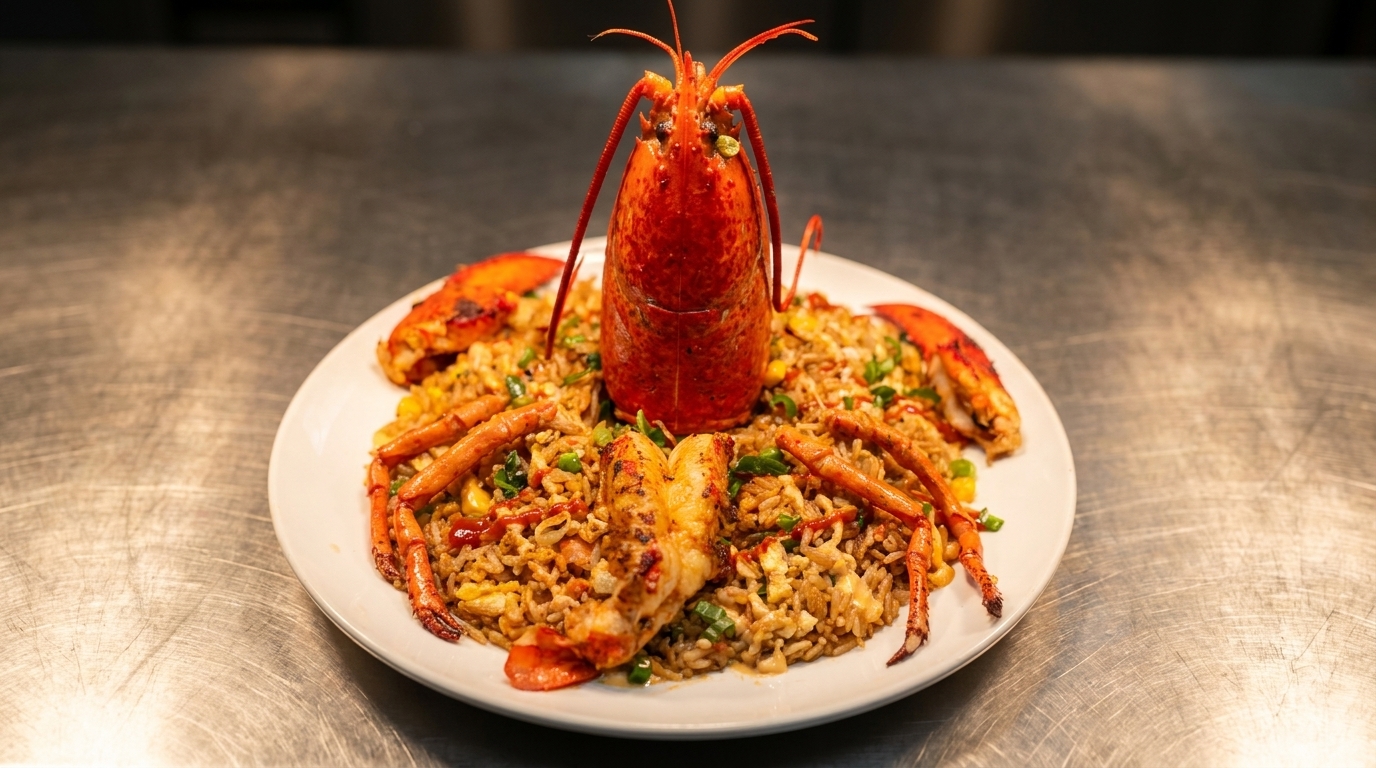 Whole cooked lobster and grilled shrimp served on a bed of fried rice with corn and scallions.