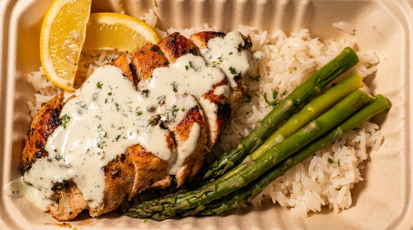 Grilled chicken with creamy sauce, white rice, asparagus, and lemon slices in a takeout container.