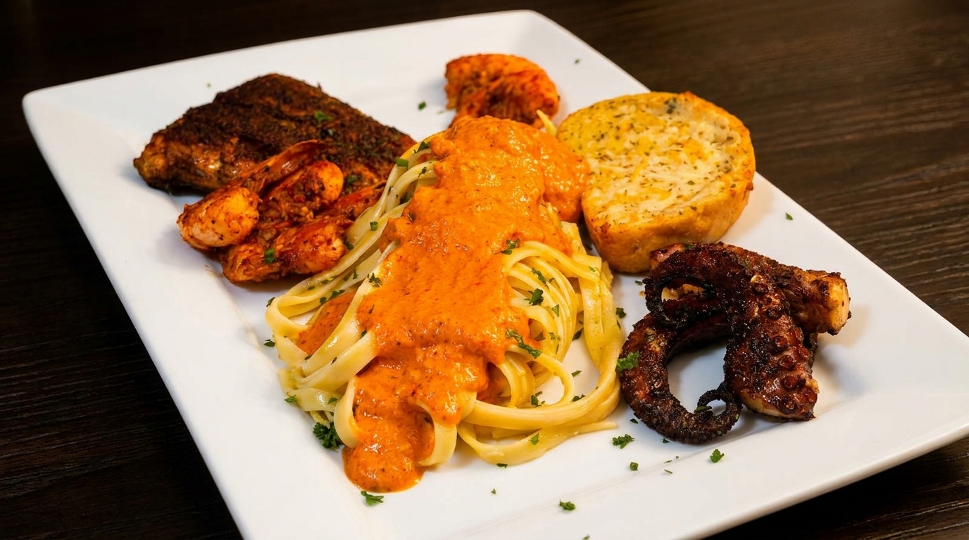 A white plate with pasta, red sauce, blackened fish, shrimp, grilled octopus, and garlic bread.