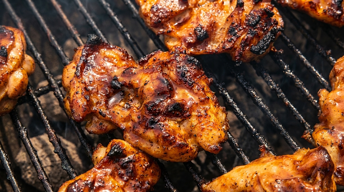 Close-up of glazed chicken pieces grilling on a dark, smoky barbecue grate.