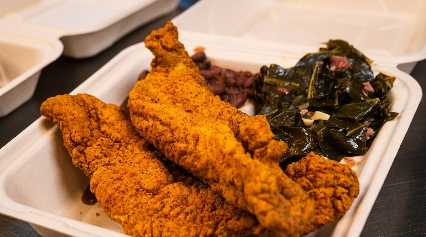 Crispy fried fish fillets, collard greens, and beans in a white takeout container.