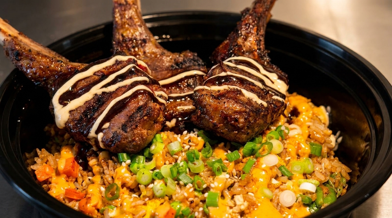 Grilled lamb chops with sauce drizzle, served over rice with vegetables and green onions.