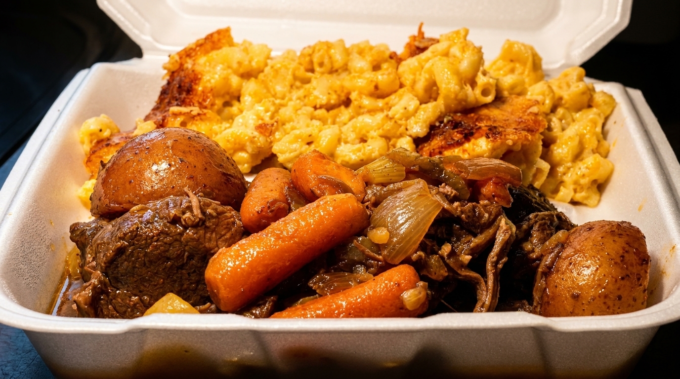 Pot roast with carrots, potatoes, and macaroni and cheese in a white takeout container.