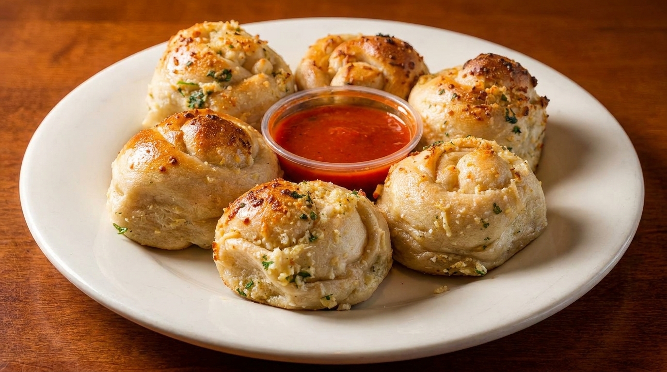 Six golden-brown garlic knots with herbs and cheese, surrounding a small cup of marinara sauce on a white plate.