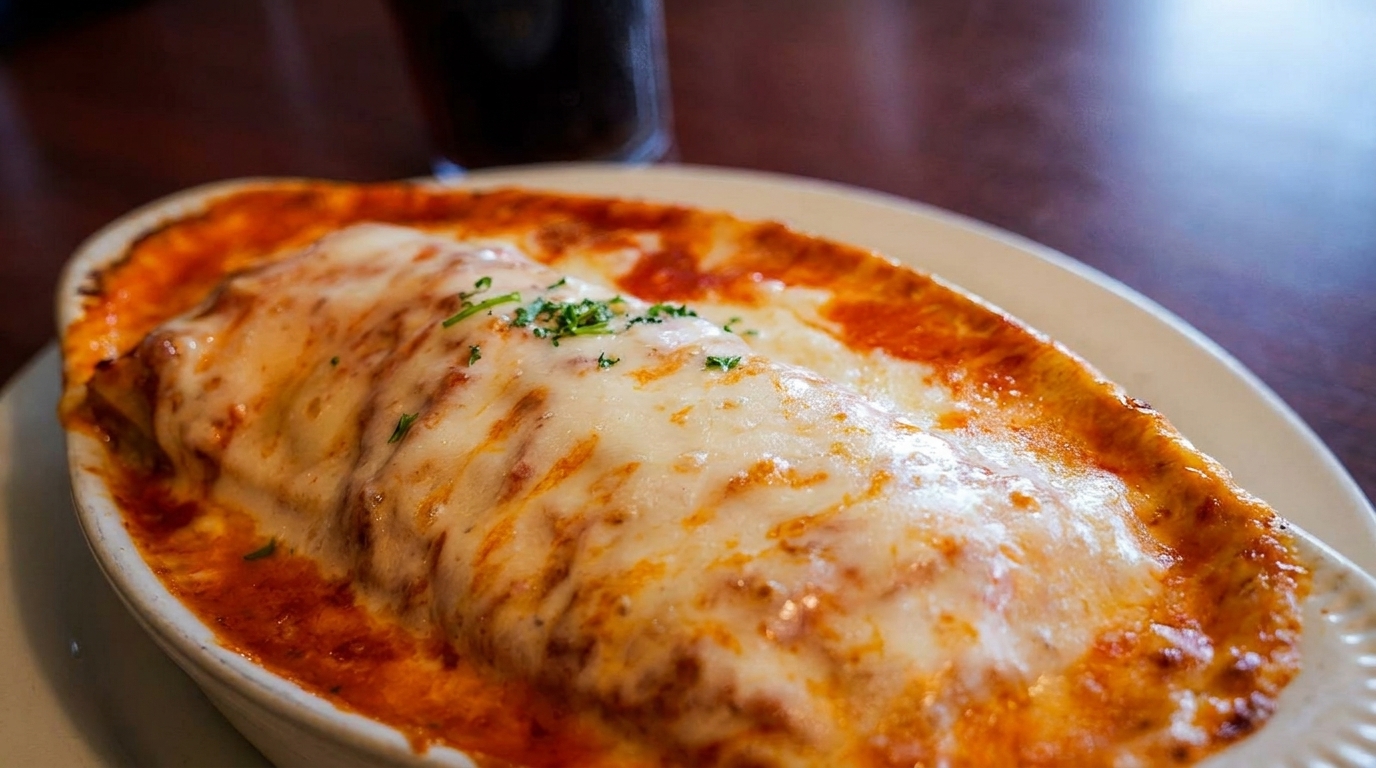 Baked lasagna with melted cheese and red sauce in a white oval dish.