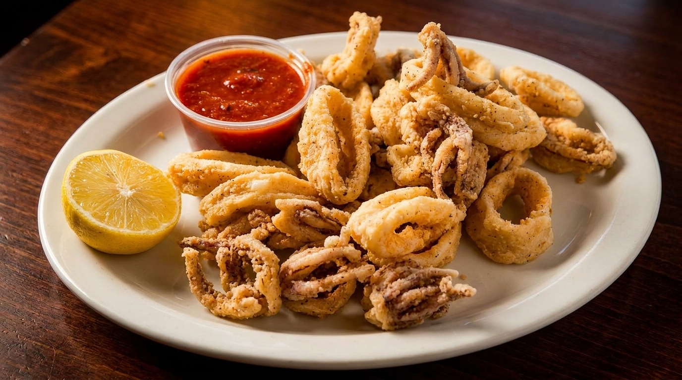 Crispy fried calamari with a side of marinara sauce and a lemon wedge on a white plate.