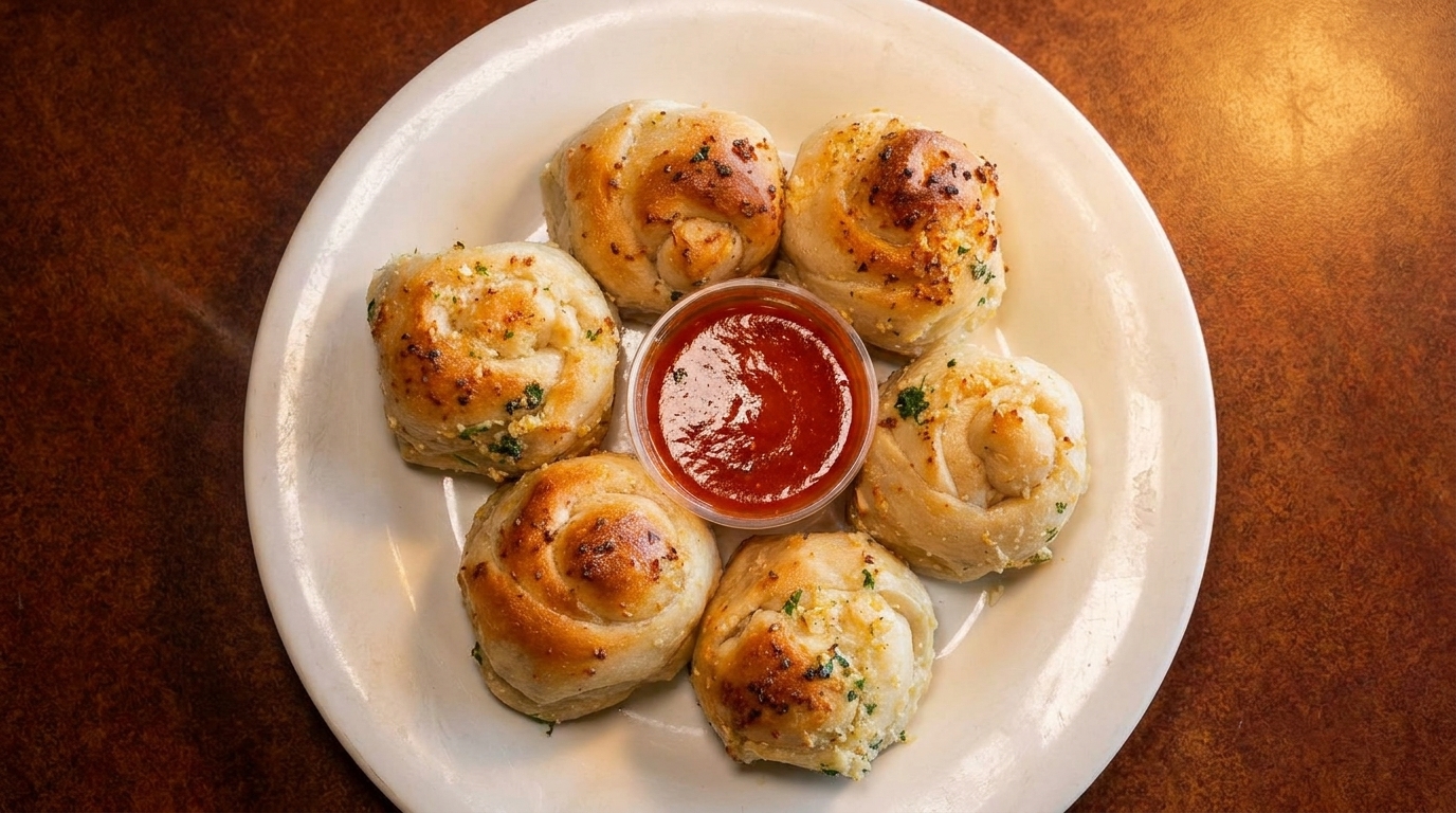 Six golden-brown garlic knots with herbs and a side of red marinara sauce on a white plate.