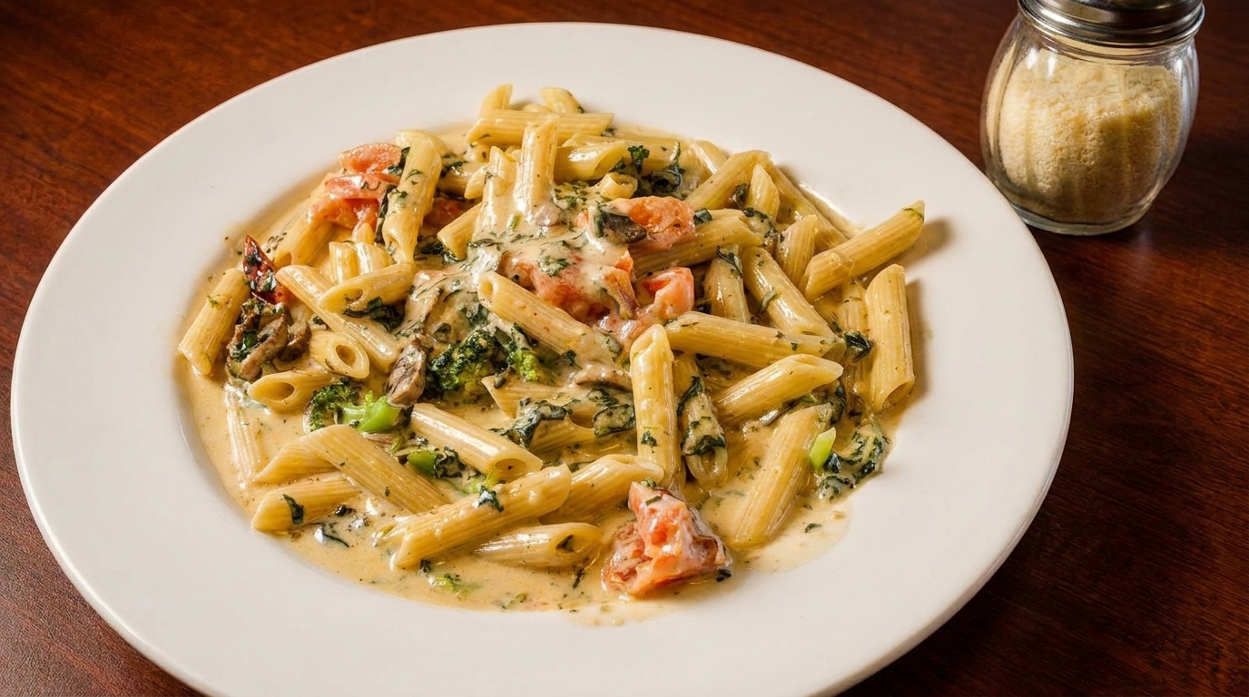 Creamy penne pasta with broccoli, mushrooms, and tomatoes on a white plate with parmesan cheese.