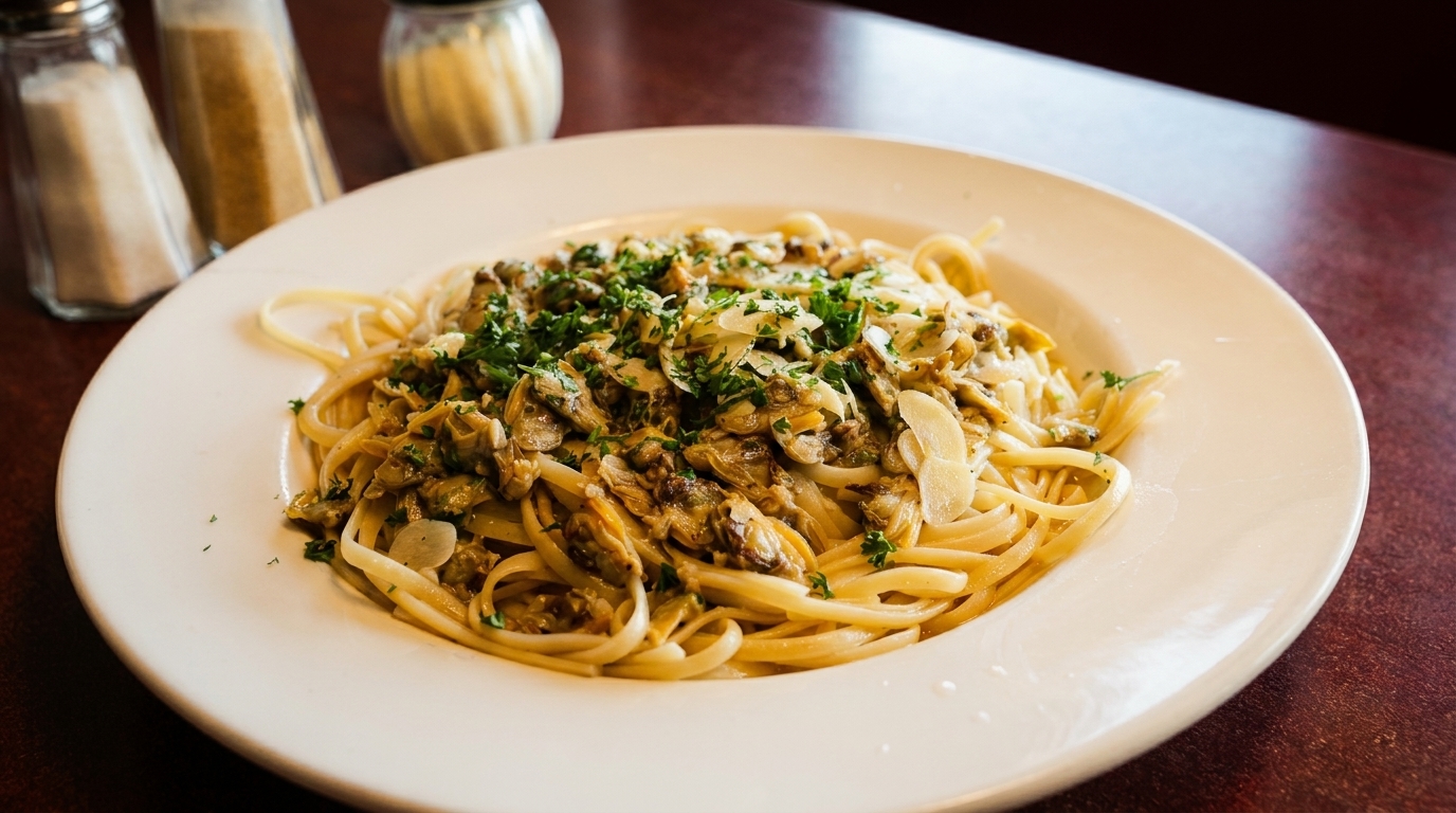 Linguine with clams, garlic, and parsley on a white plate with salt and pepper shakers.