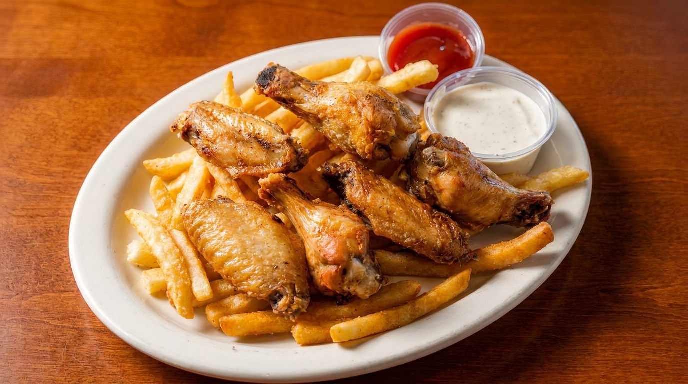 A plate of crispy chicken wings and golden french fries with ketchup and ranch dipping sauces.
