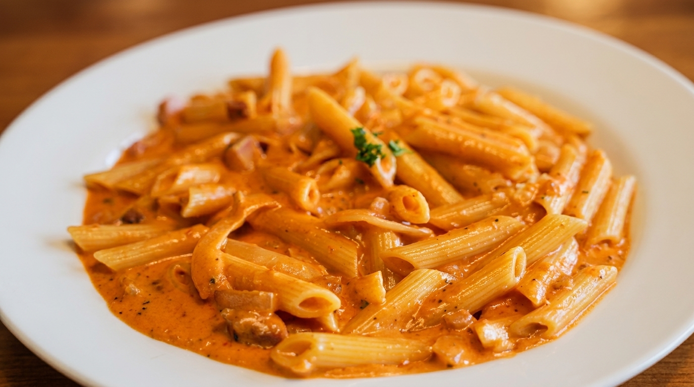 Penne pasta in a creamy orange sauce, garnished with a sprig of parsley on a white plate.