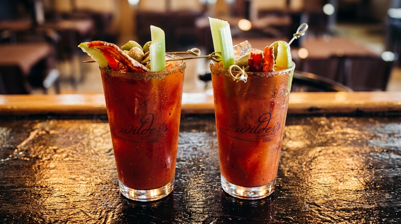 Two Bloody Mary cocktails with bacon, olives, and celery on a dark, reflective bar top.