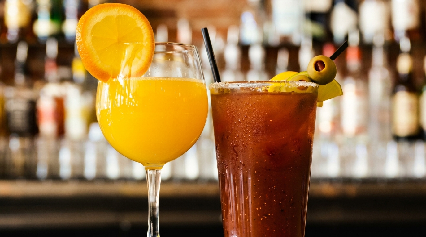 A mimosa with an orange slice and a Bloody Mary with an olive and lime at a bar.