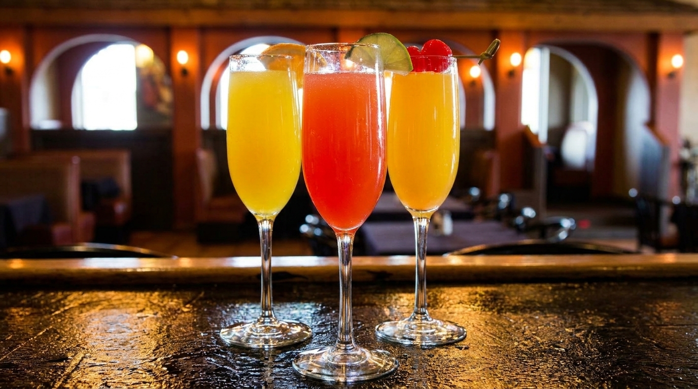 Three colorful cocktails, orange, red, and yellow, garnished with fruit, on a dark bar.