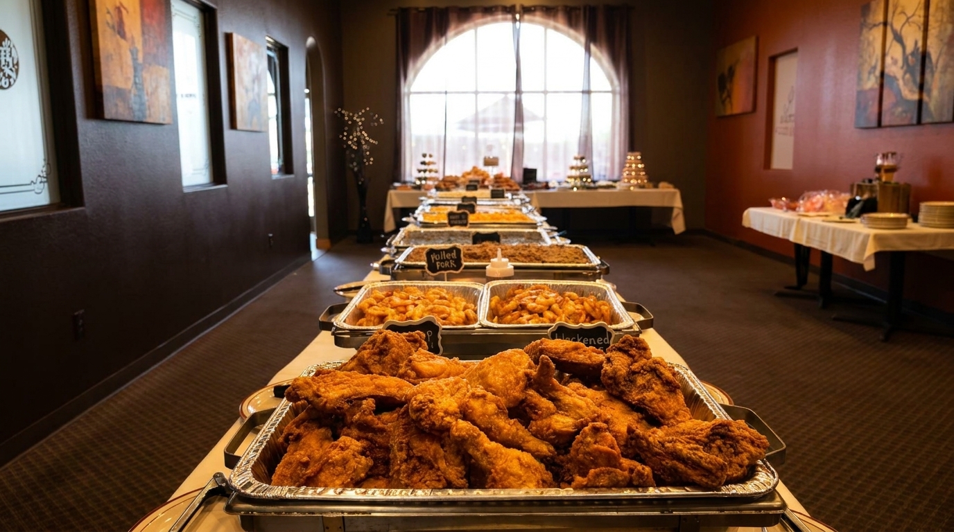 A long buffet table filled with various hot food dishes, including fried chicken, in a restaurant.
