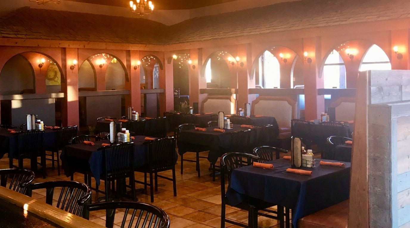 Restaurant dining room with dark tables, chairs, arched doorways, and warm lighting creating an inviting atmosphere.