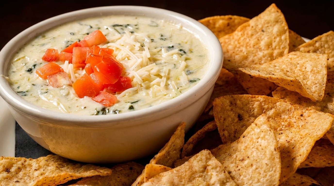 Creamy spinach dip topped with diced tomatoes and shredded cheese, served with tortilla chips.