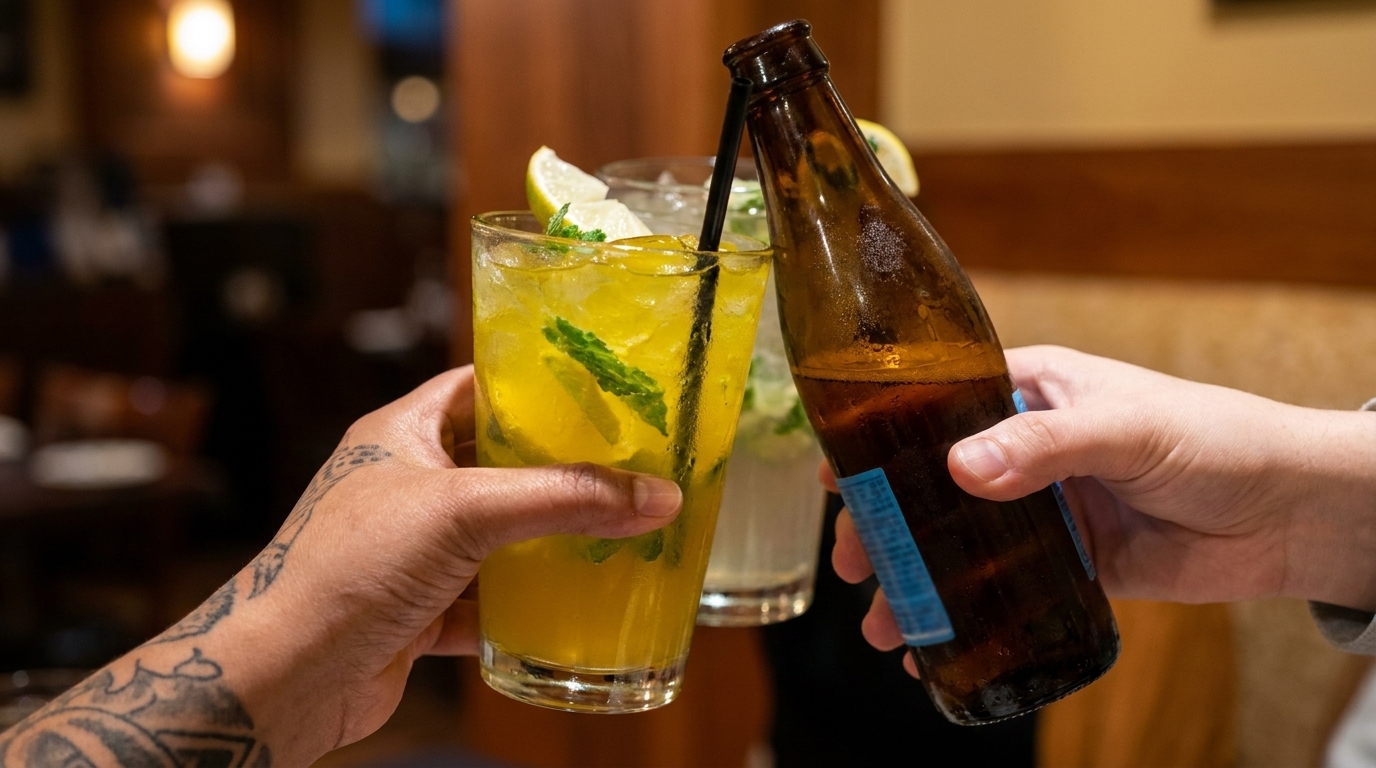 Three people toasting with a beer bottle and two cocktails in a restaurant setting.