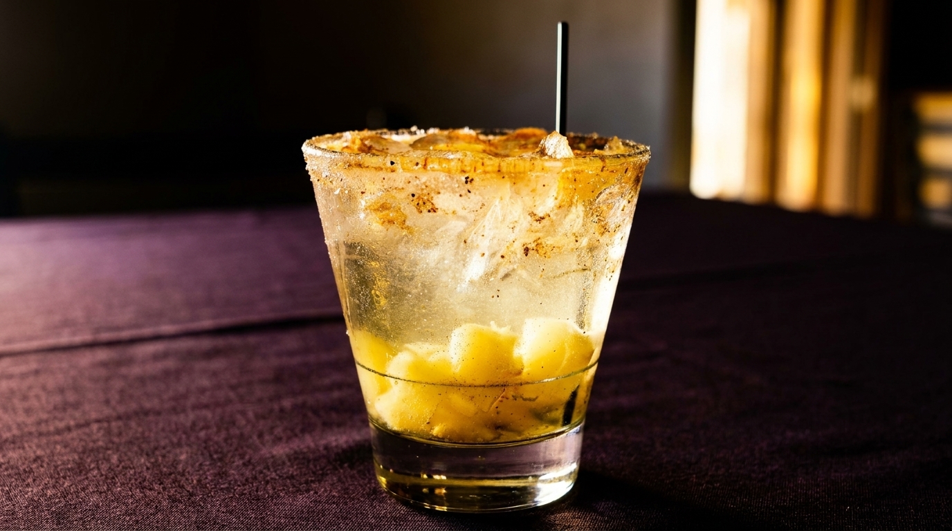 Close-up of a cocktail with ice, pineapple chunks, and a spiced rim on a dark table.