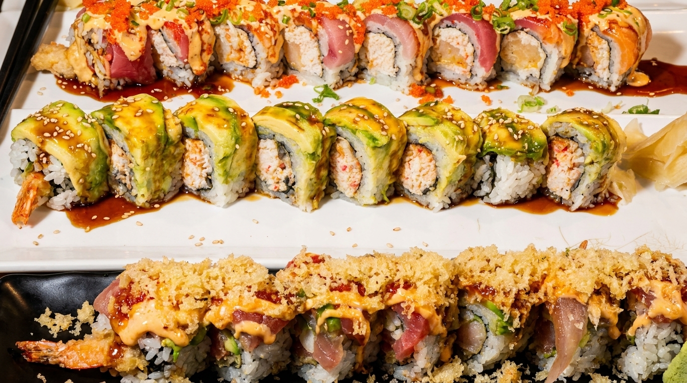 Three rows of sushi rolls, including avocado, tuna, and salmon, with various toppings and sauces.