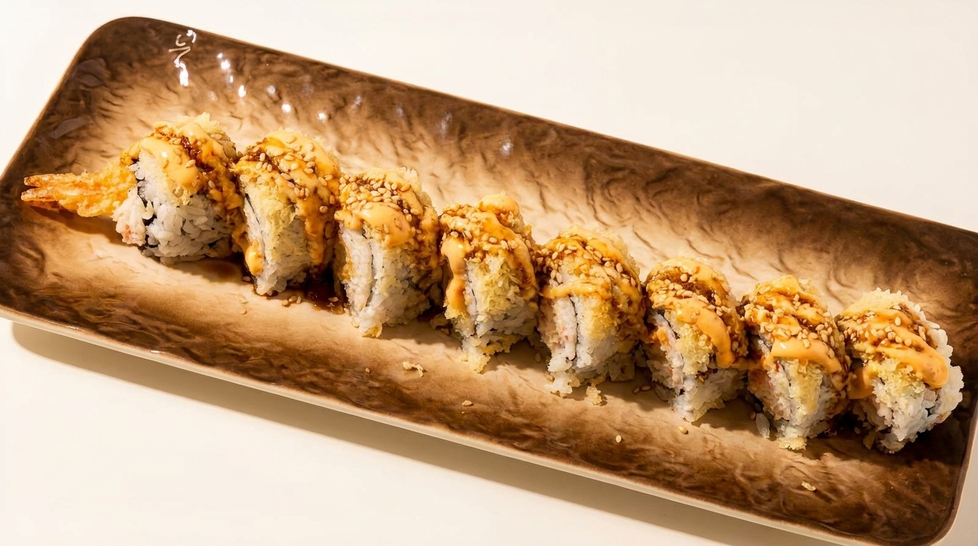 A long rectangular plate holds eight pieces of sushi, topped with sauce and sesame seeds.