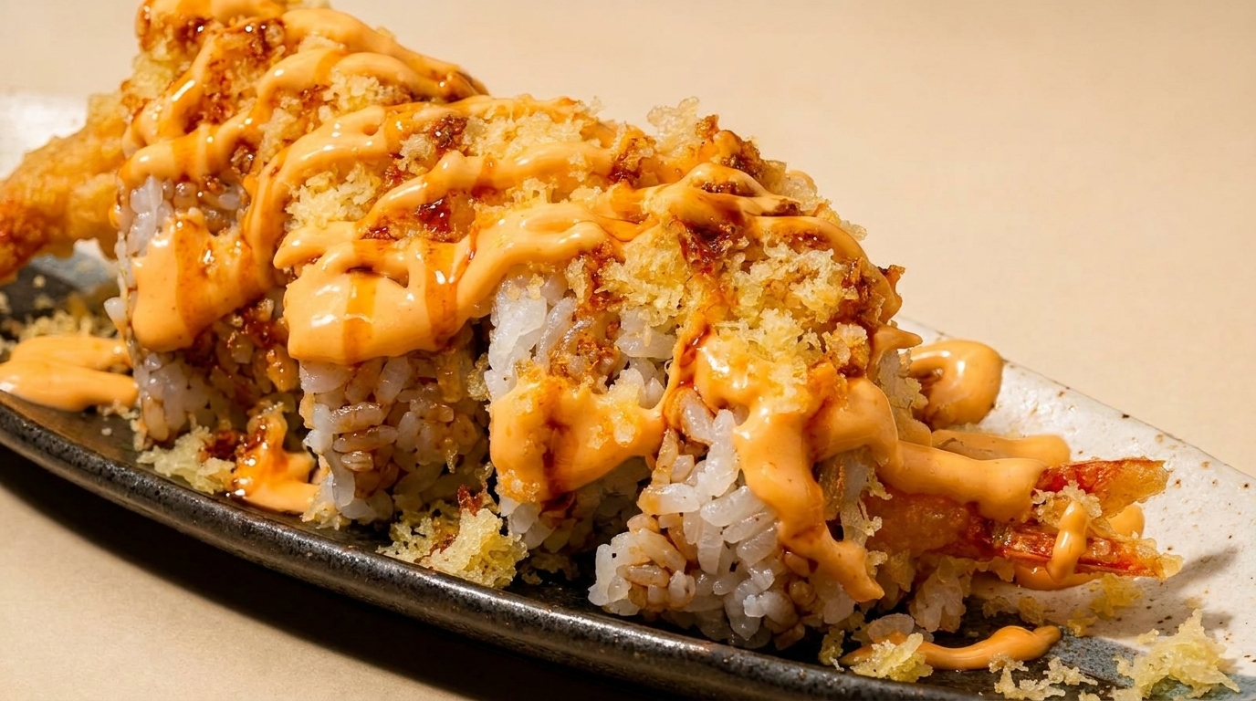 Close-up of a sushi roll with tempura shrimp, rice, crunchy topping, and creamy orange sauce.