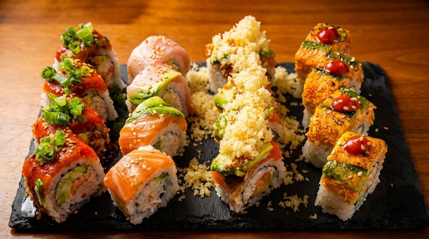 Assortment of colorful sushi rolls with various toppings, including avocado, sauces, and green onions.