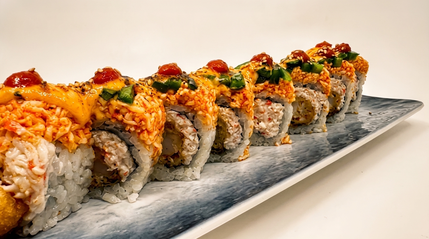 A row of sushi rolls with orange sauce, green peppers, and red dots on a gray plate.