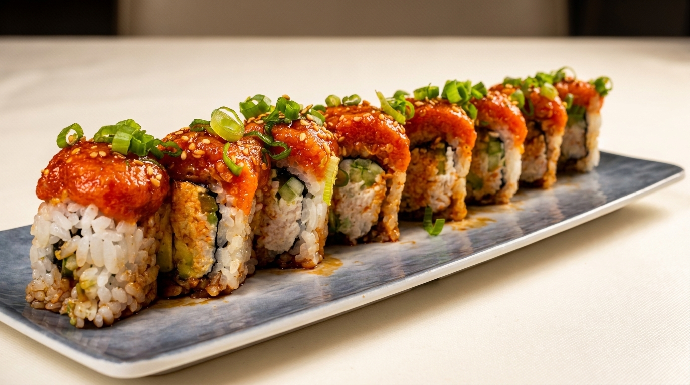 A row of sushi rolls topped with spicy orange sauce, sesame seeds, and green onions on a gray plate.