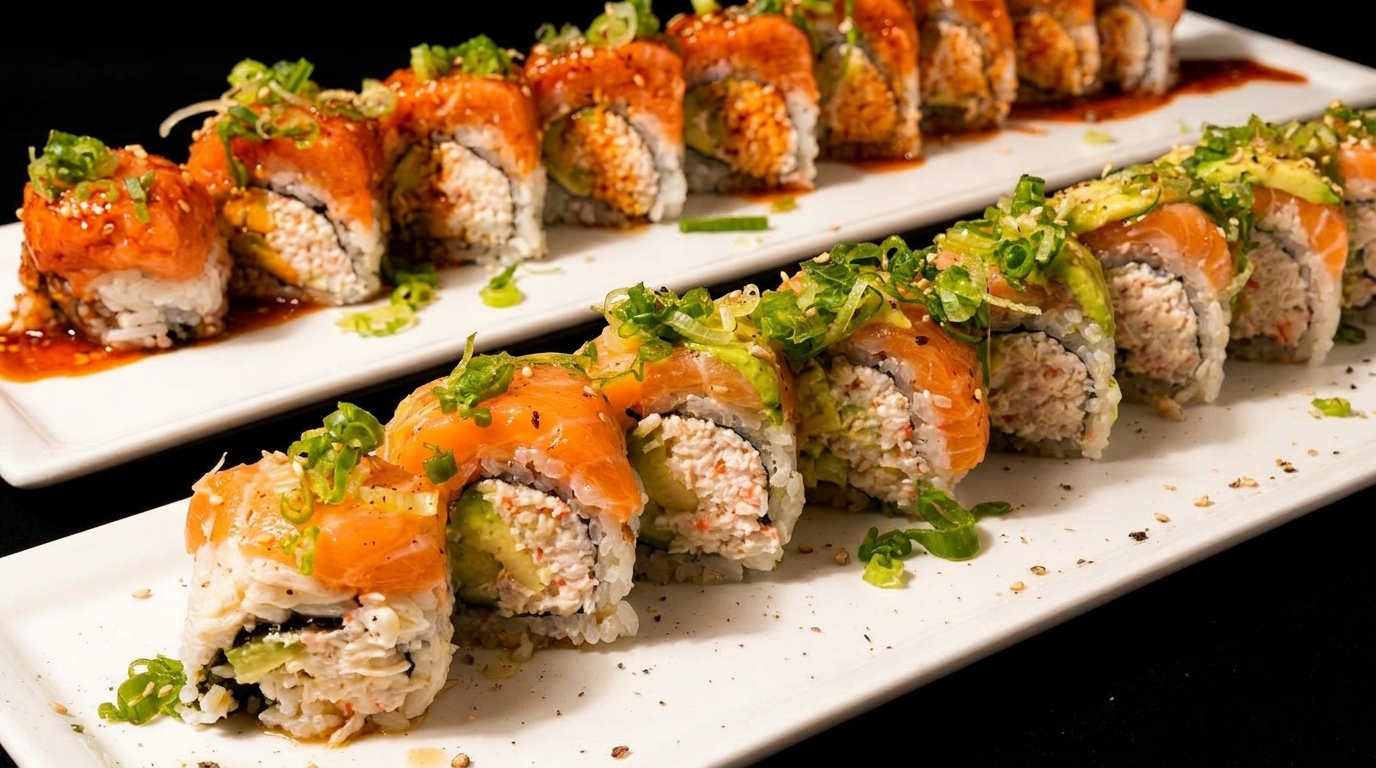 Two white plates of sushi rolls topped with salmon, avocado, and green onions.
