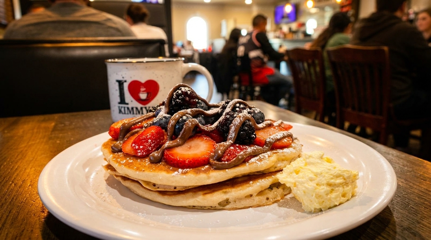 Fluffy pancakes topped with strawberries, blueberries, blackberries, chocolate drizzle, and powdered sugar.