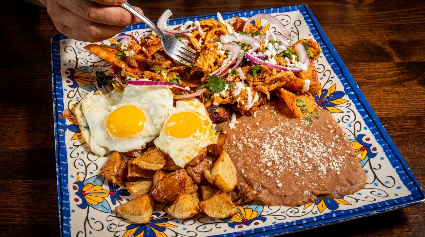 A hand forks into a colorful plate of chilaquiles, fried eggs, potatoes, and refried beans.