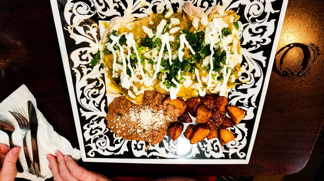 Enchiladas with green sauce, sour cream, cilantro, refried beans, and roasted potatoes on a decorative plate.