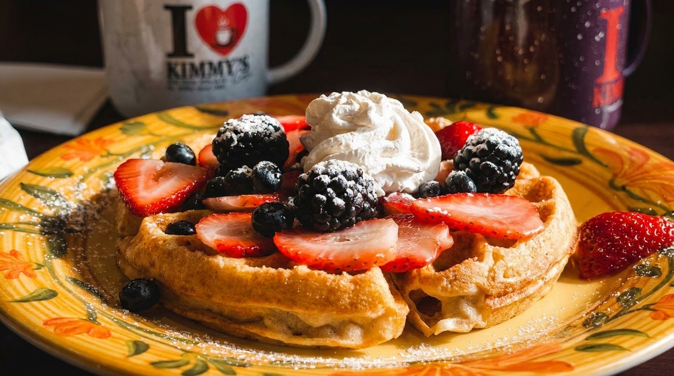 Golden waffle topped with strawberries, blueberries, blackberries, whipped cream, and powdered sugar on a yellow plate.