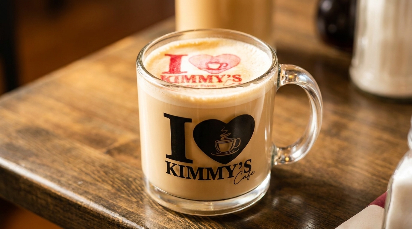 A Kimmy's Cafe latte in a clear mug with a red heart design on the foam.