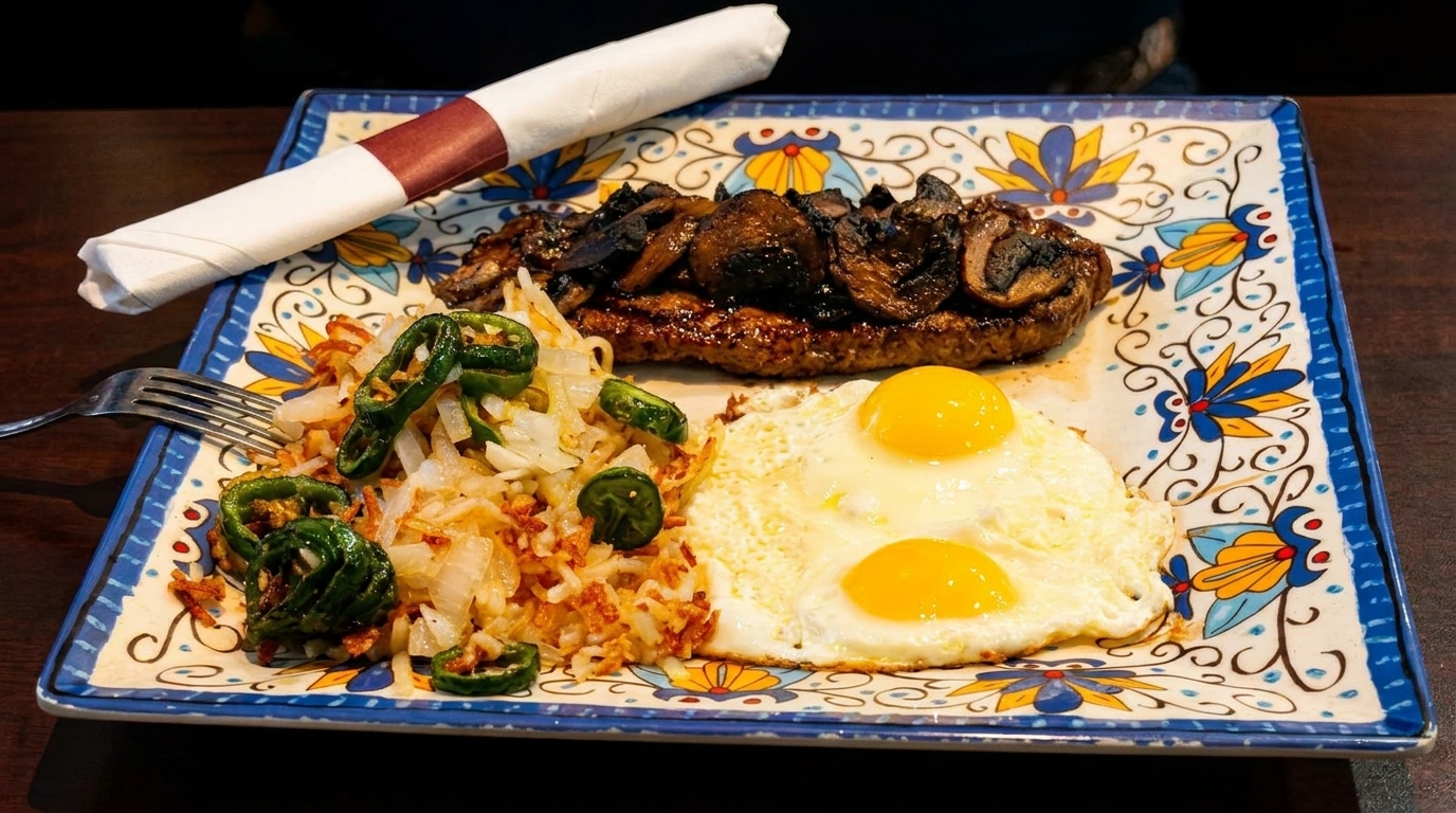 Steak and eggs breakfast with hash browns, jalapeños, and mushrooms on a colorful plate.