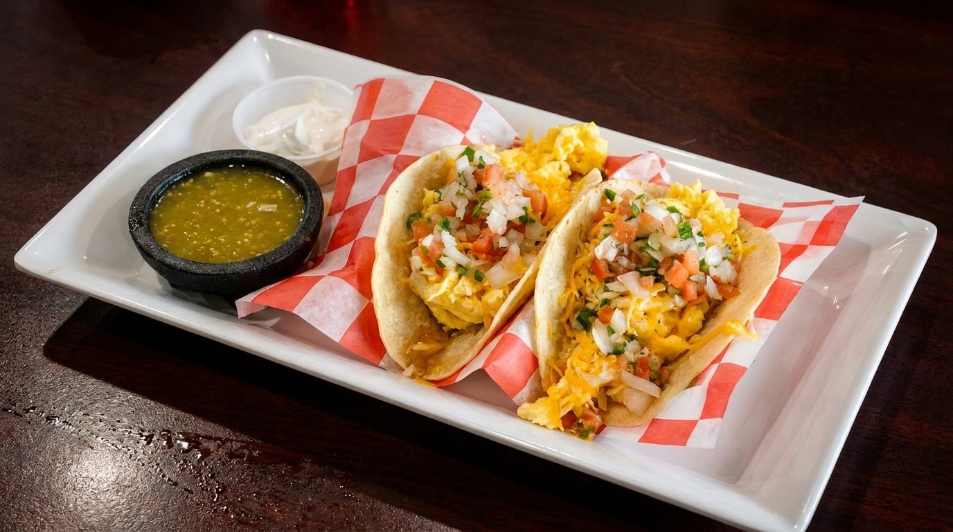 Two breakfast tacos with scrambled eggs, cheese, and pico de gallo, served with salsa verde.