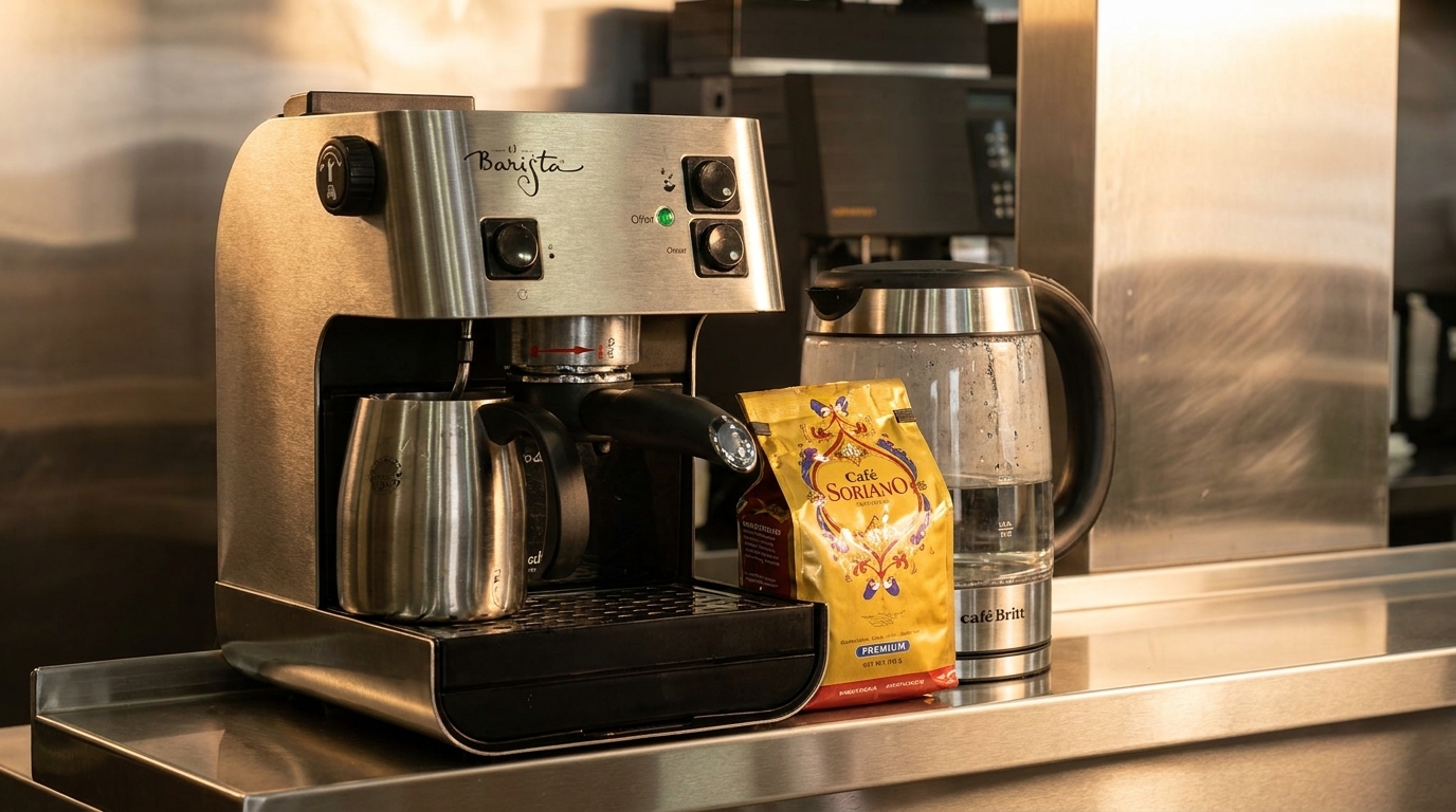A stainless steel espresso machine, coffee bag, and electric kettle on a metal counter.