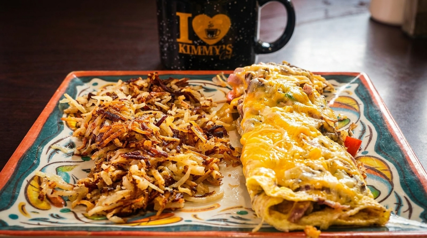 A cheesy omelet and crispy hash browns on a colorful plate with a "Kimmy's Cafe" mug.