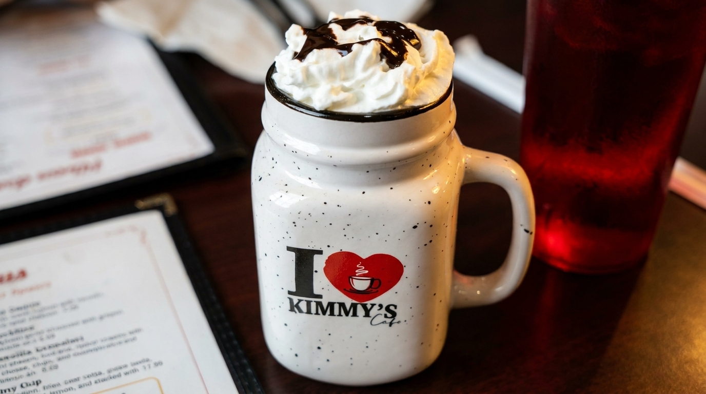 A white speckled mug with "I love Kimmy's Cafe" logo, topped with whipped cream and chocolate syrup.