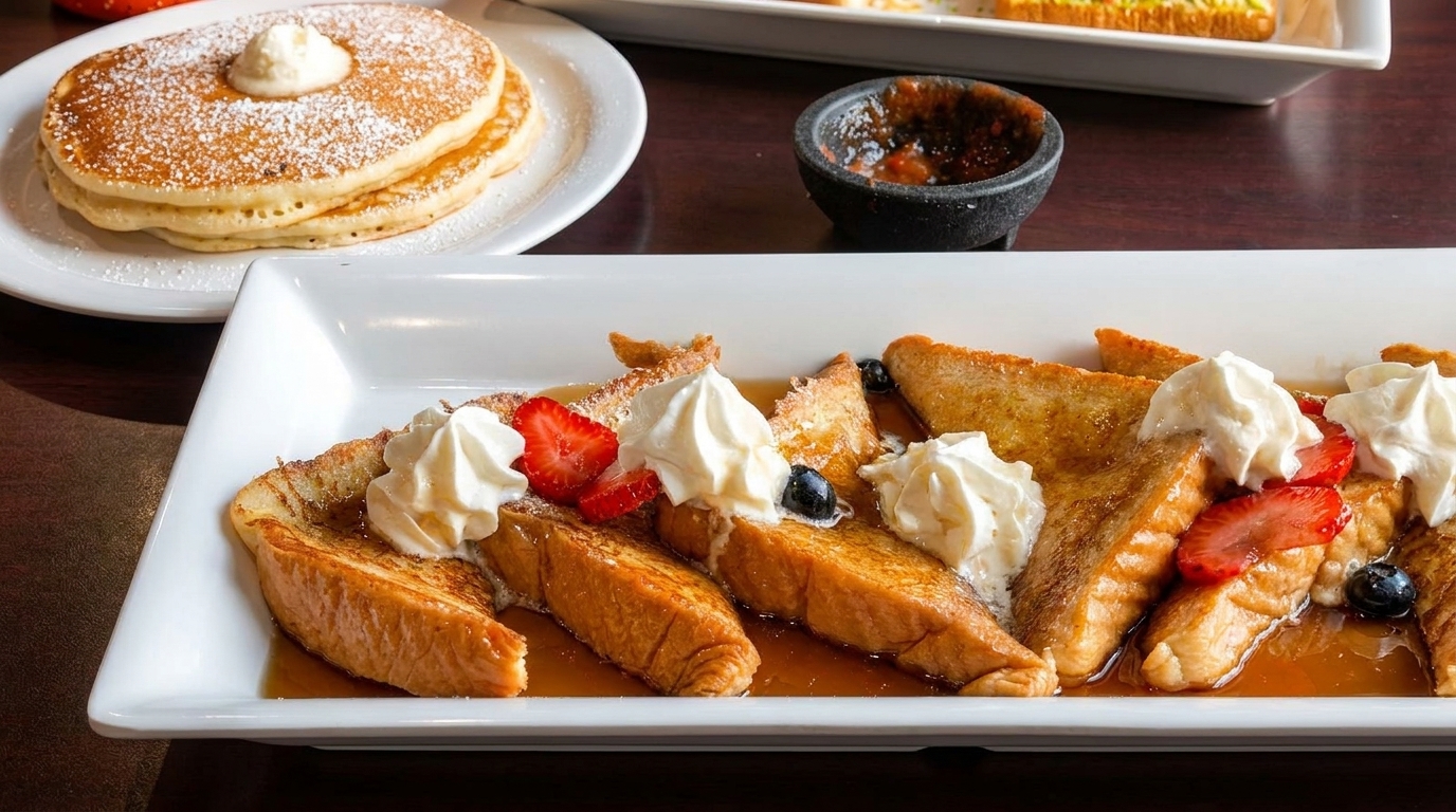 French toast with whipped cream, strawberries, and blueberries, alongside pancakes with butter and powdered sugar.