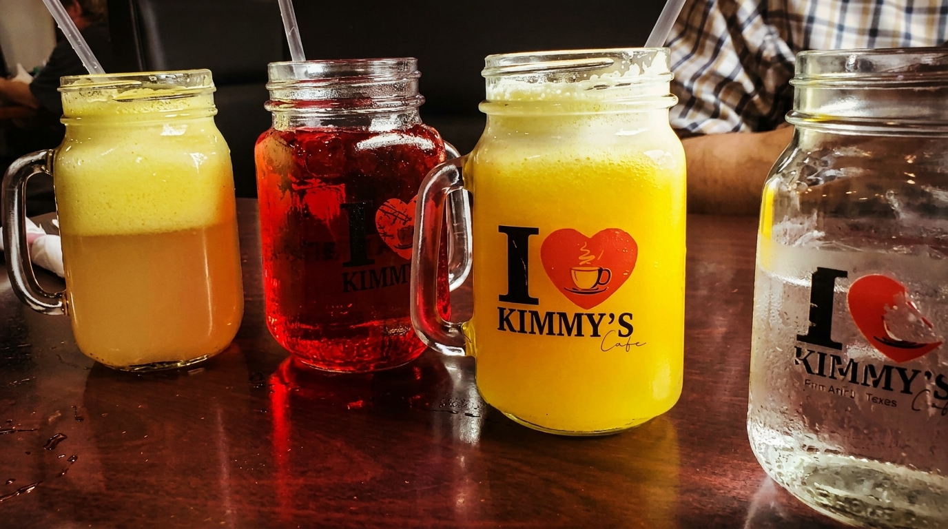 Four mason jar drinks, two yellow, one red, and one empty, on a dark wooden table.