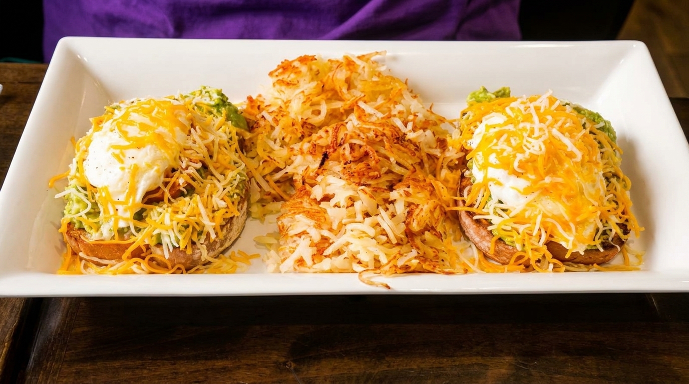 Two avocado toasts topped with poached eggs and shredded cheese, served with hash browns.