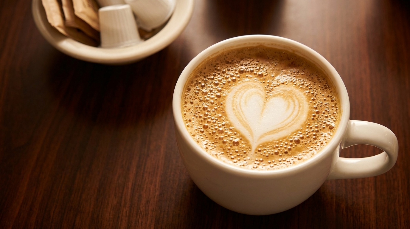 A white mug of latte with heart-shaped foam art sits on a dark wooden table.