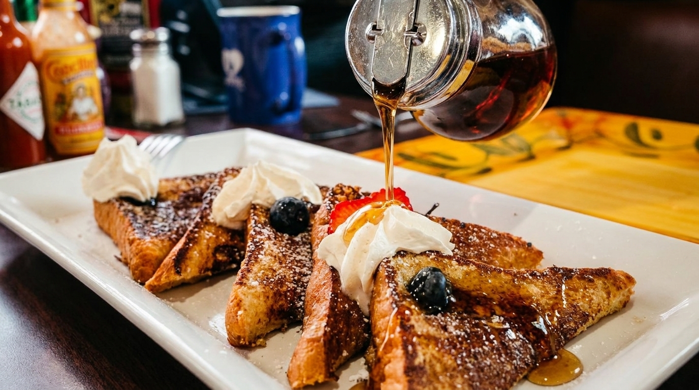 Maple syrup being poured over French toast with whipped cream, blueberries, and strawberries.