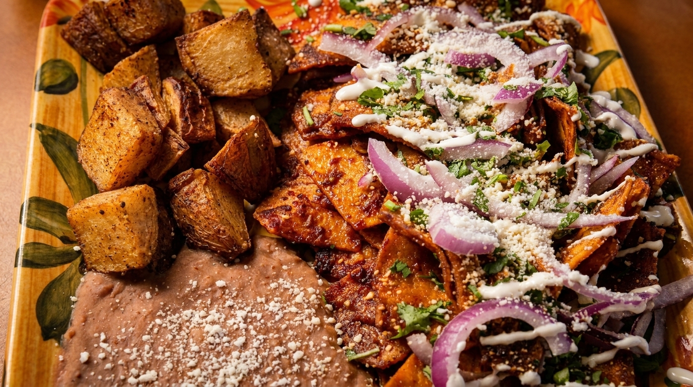 A colorful platter of chilaquiles with red onions, crema, cotija cheese, roasted potatoes, and refried beans.