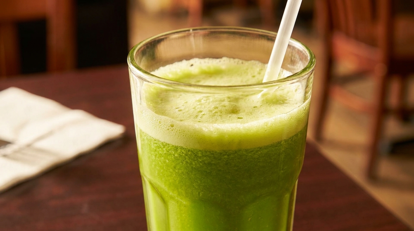 Close-up of a vibrant green juice with foam and a white straw in a clear glass.