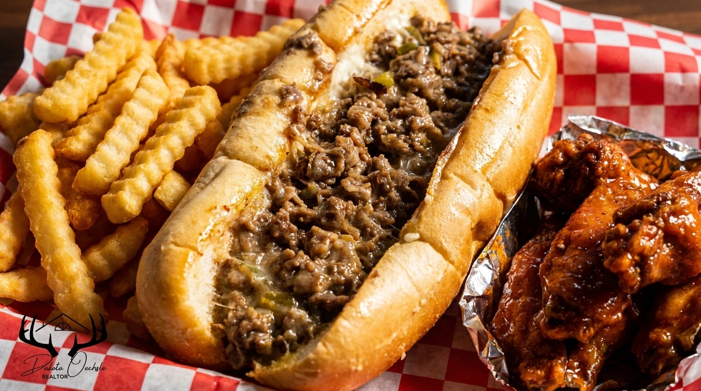 Cheesesteak sandwich with crinkle-cut fries and buffalo wings in a red checkered basket.