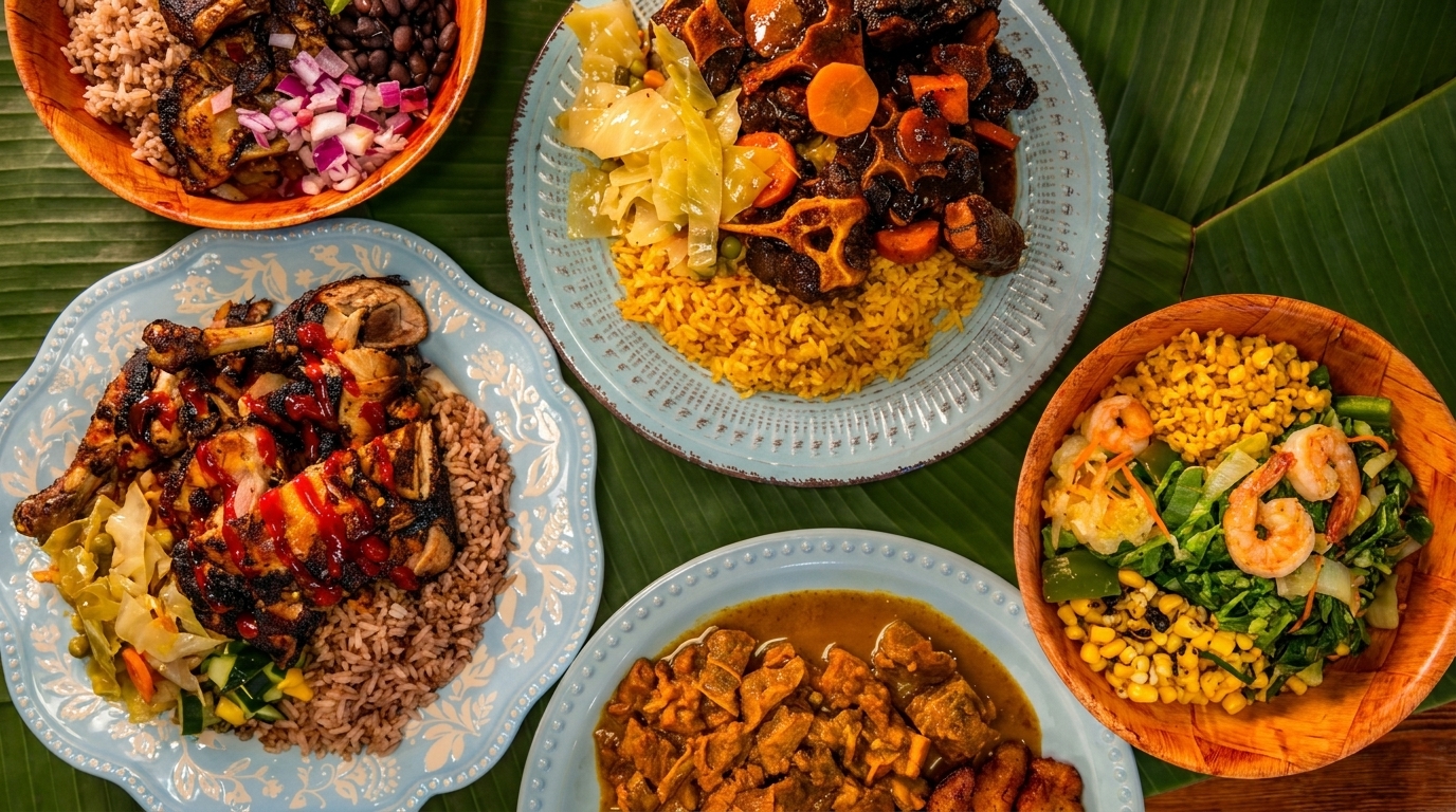 Assortment of Jamaican dishes including jerk chicken, oxtail, curry goat, and shrimp salad on banana leaves.